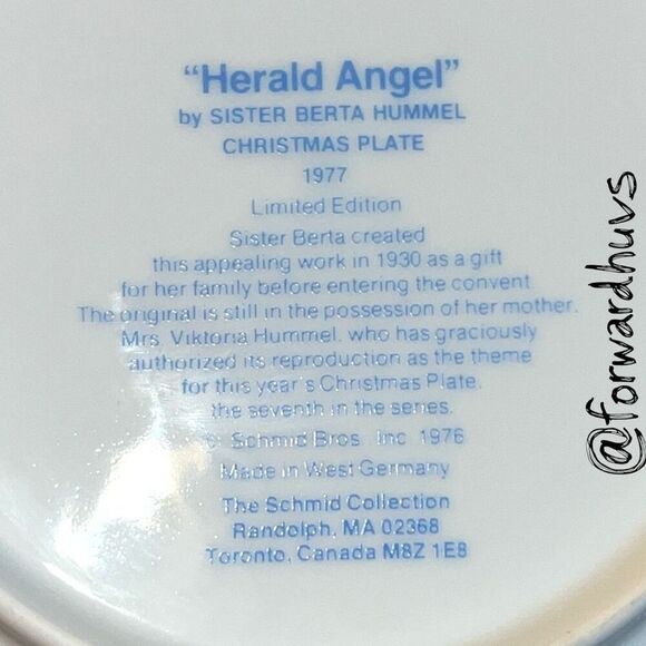 1977 Schmid “Herald Angel” Christmas Plate – Sister Berta Hummel – No Box - Picture 6 of 7